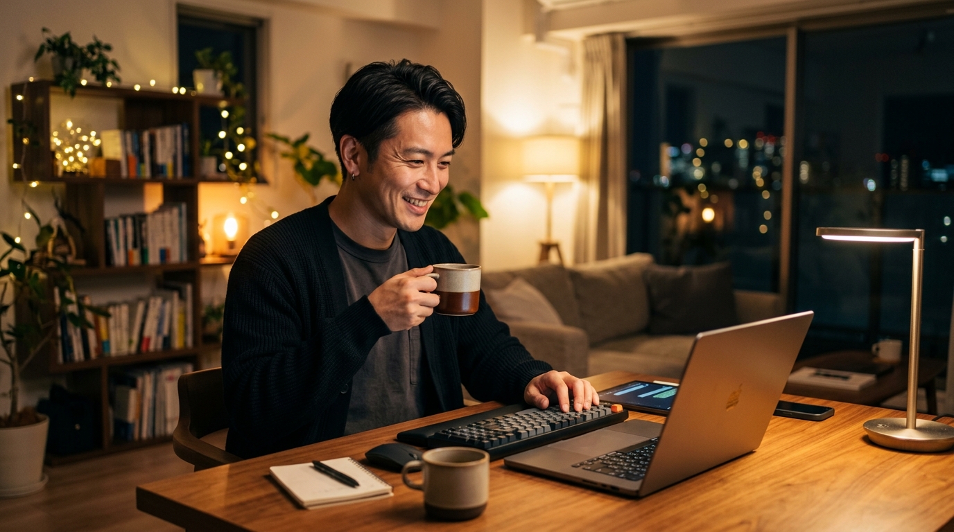 夜の自宅ダイニングでAIとPythonを活用して快適に副業に取り組む社会人