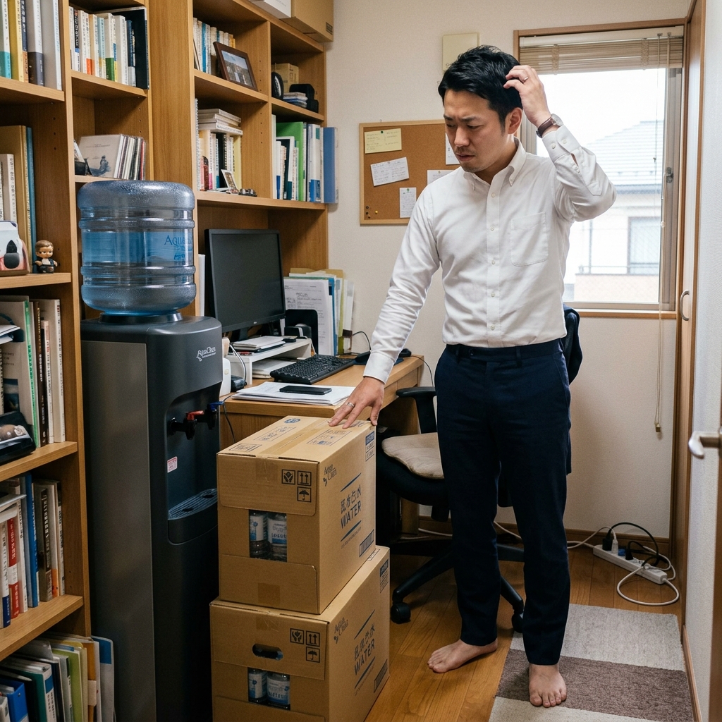床置きウォーターサーバーとダンボールで狭くなった書斎で悩む在宅ワーカーの男性