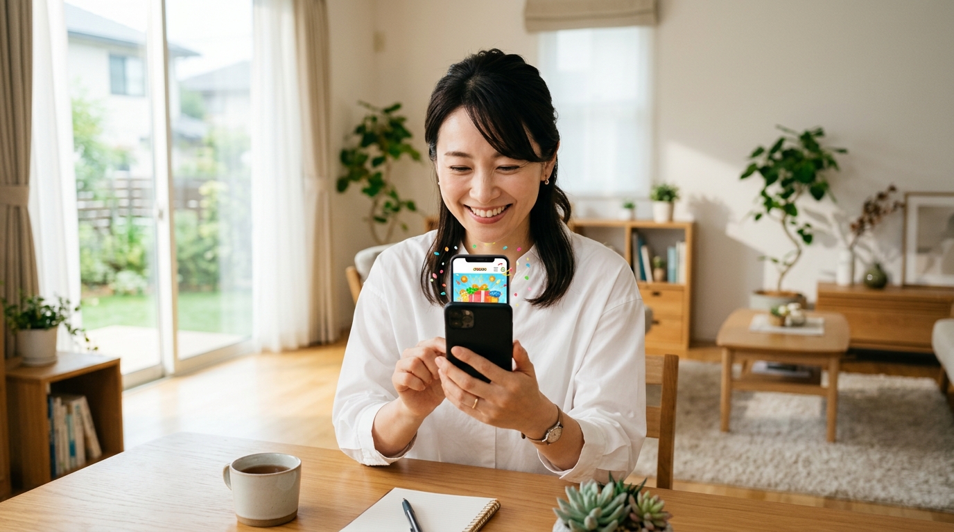 スマホで無料キャンペーン特典を確認して喜ぶ40代女性