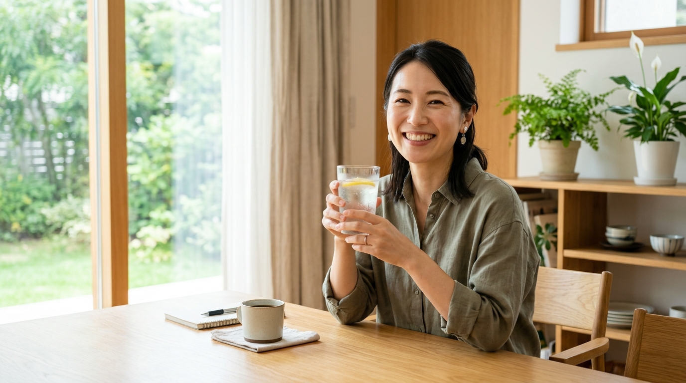 冷たくておいしい水を飲んで仕事の合間にリフレッシュする女性