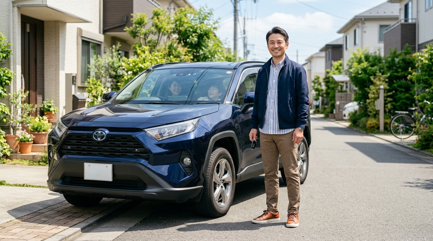 愛車の前で家族とのドライブを準備する40代男性