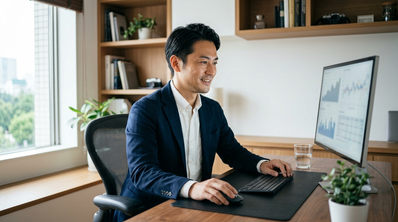書斎でSBIグループの信頼できるデータを確認して安心する40代男性