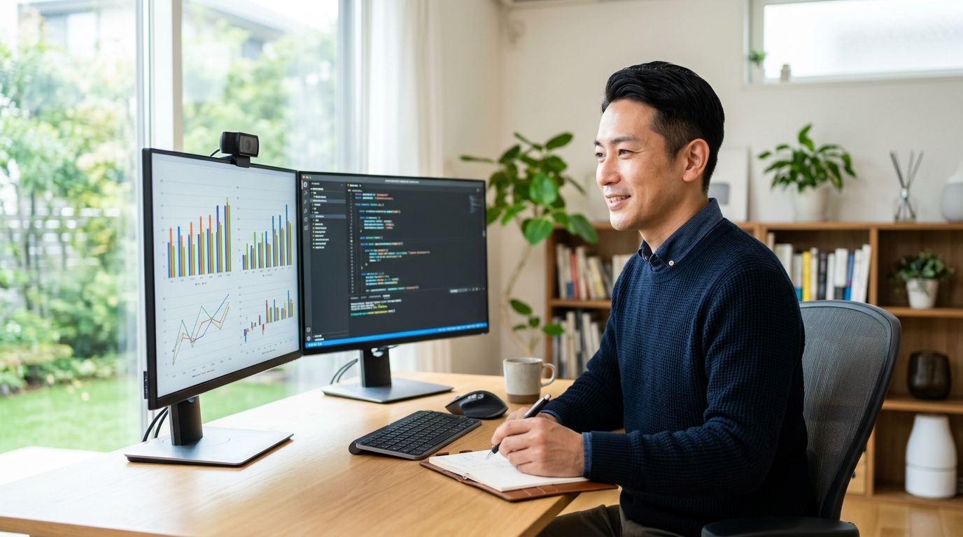 オンラインのプログラミングコースでグラフやコードを学び成長を感じるビジネスマン