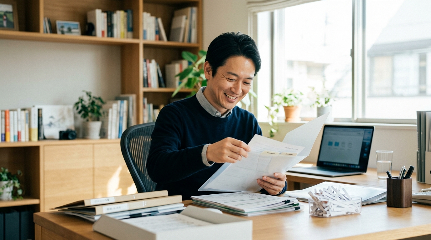 デスクで車両保険や特約の書類をすっきり整理する40代男性