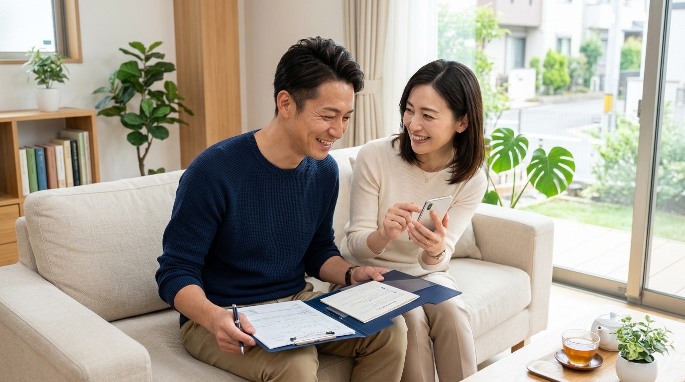 ソファで車検証とスマホを片手に見積もり入力する40代夫婦