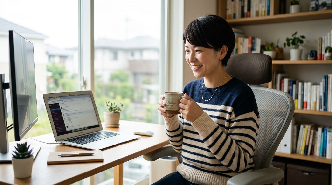 清潔感あふれる快適なデスク環境で温かいコーヒーを飲む在宅ワーカー