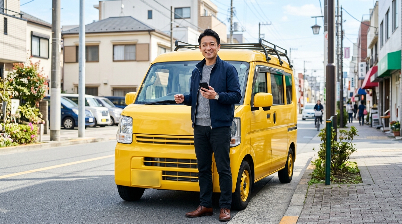 副業や自営業の軽貨物車を前に笑顔でスマホ操作する40代男性