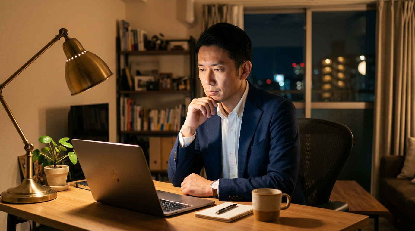 夜の自宅デスクでパソコンに向かい、自分の今後のキャリアと収入について真剣に考え込む40代男性