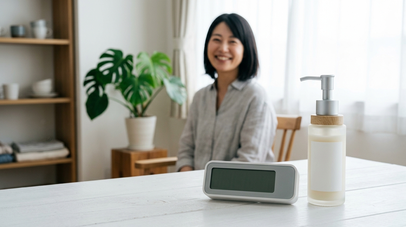 デジタルクロックとスキンケア用品でタイパを表すイメージ