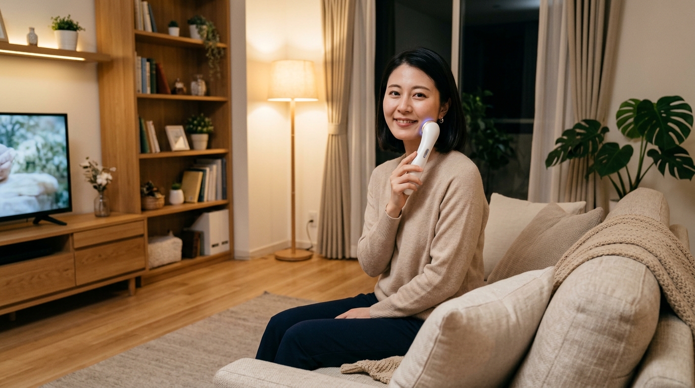 夜のリビングでリラックスしながらケアする40代女性