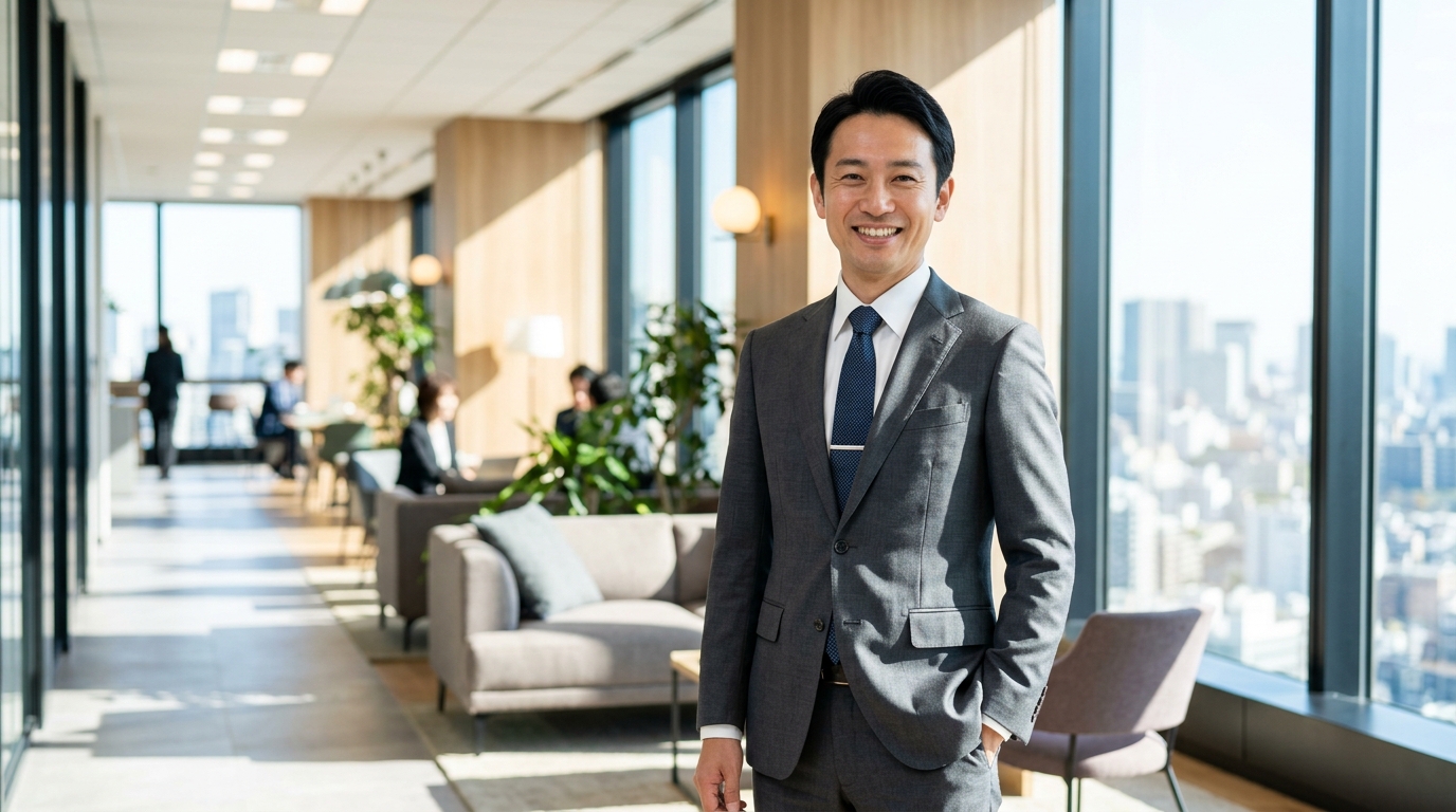 自信に満ちた表情で未来を見据え、自分の力でキャリアを切り開いた社会人