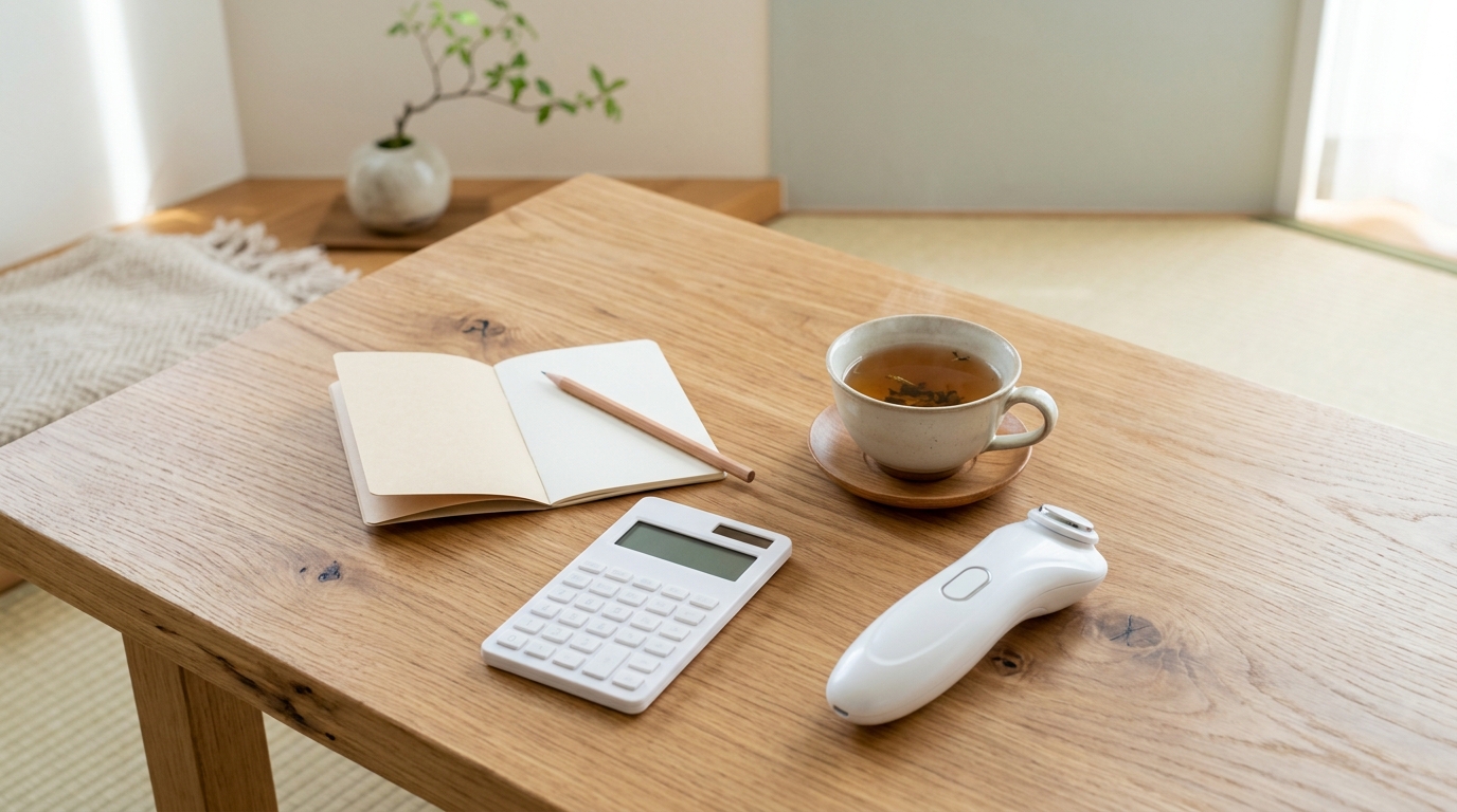 電卓とノートでコスパと家計の最適化を表すイメージ