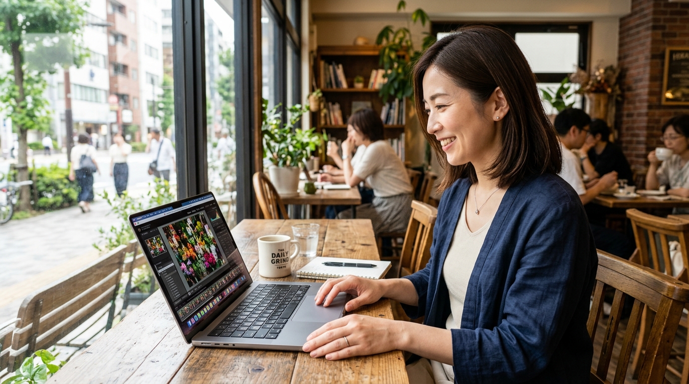 カフェの明るい店内で高精細なディスプレイを見ながら写真編集を進める女性