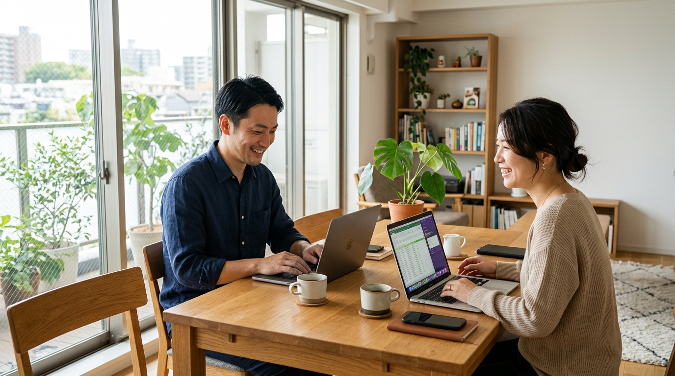 明るいリビングのテーブルでコーヒーを飲みながら和やかに作業を進める男女