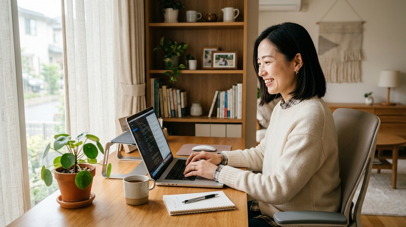 明るい自宅のデスクでMacBook Pro 14を使って笑顔でタイピングする女性