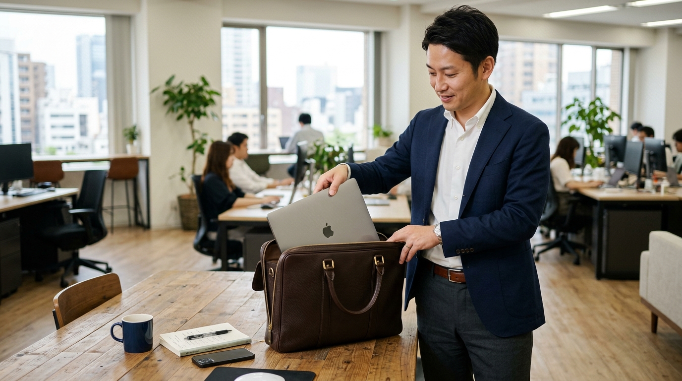 レザーのビジネスバッグにMacBook Pro 14をスマートに収納して通勤する男性