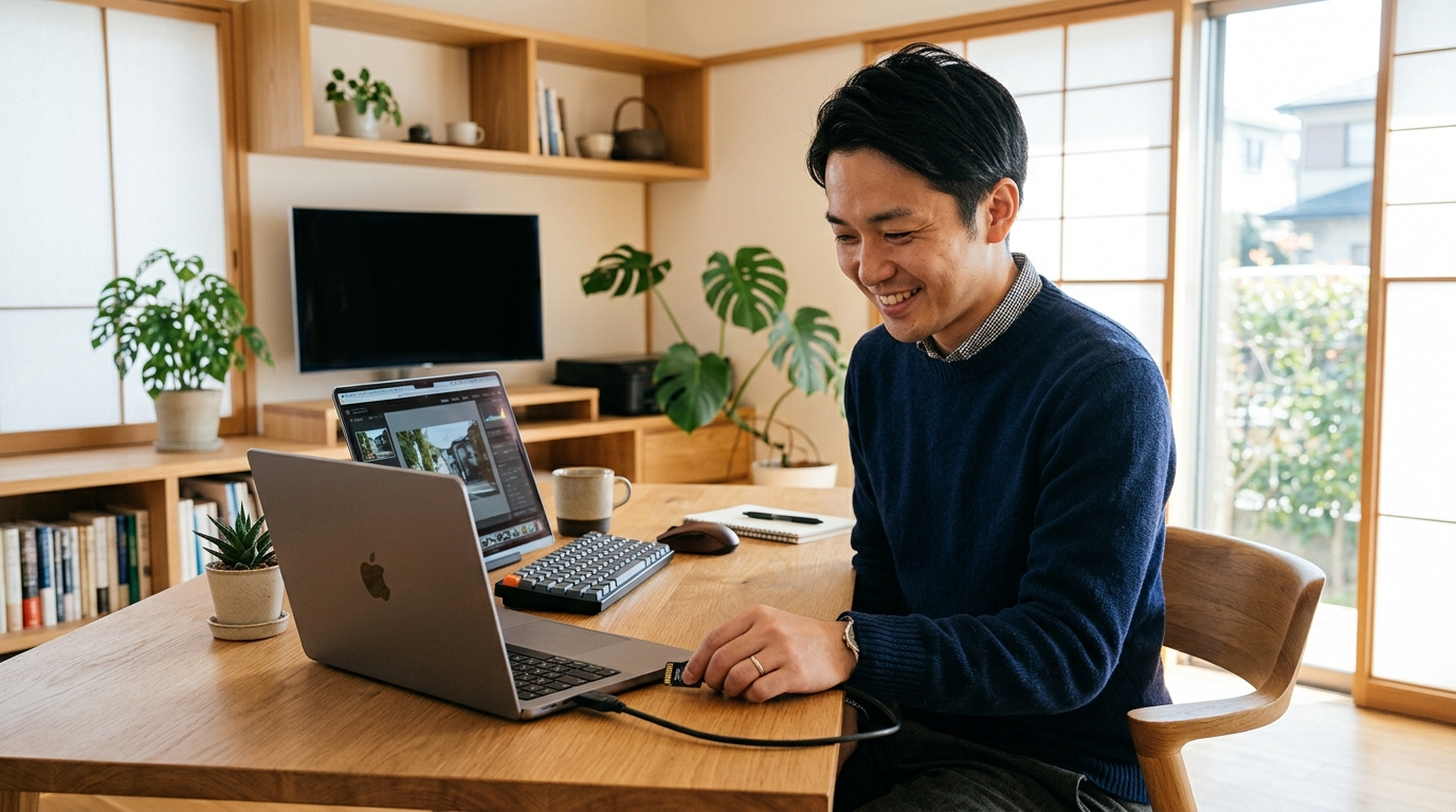 側面のHDMIポートとSDカードスロットに直接ケーブルを接続して快適に作業する男性
