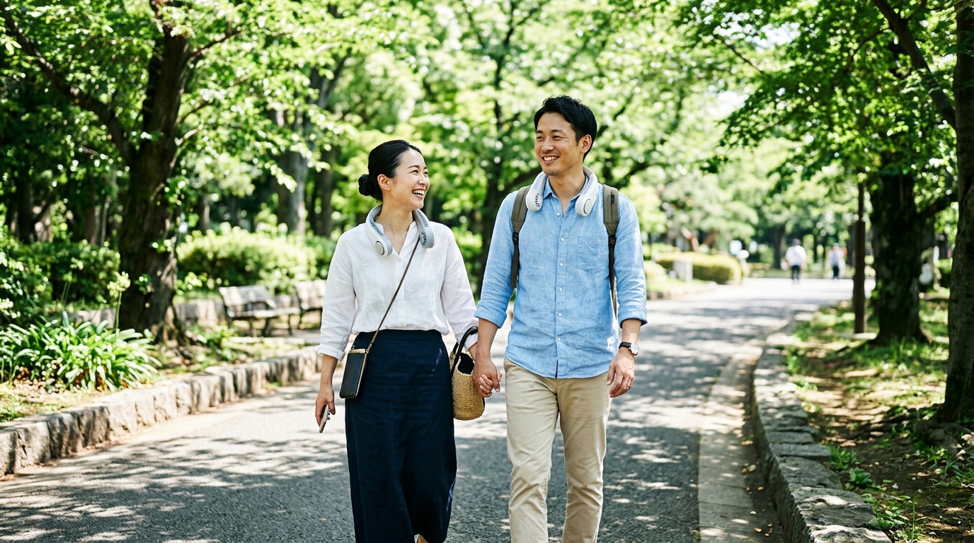 ドウシシャ Tempoを装着し、木漏れ日の歩道を涼しそうにお散歩する夫婦の日常