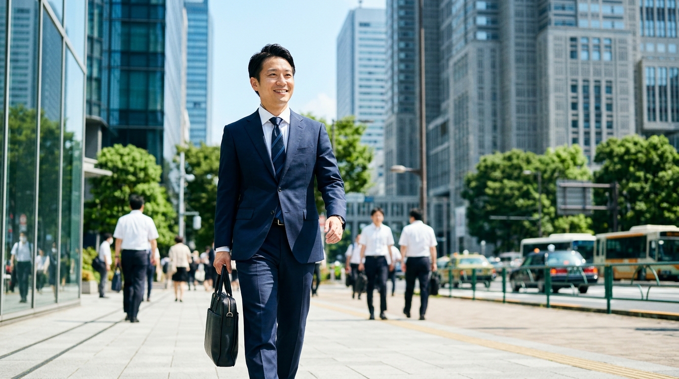 ソニー REON POCKET 5をスーツの下に装着し、ビジネス街を快適に歩く男性の通勤風景