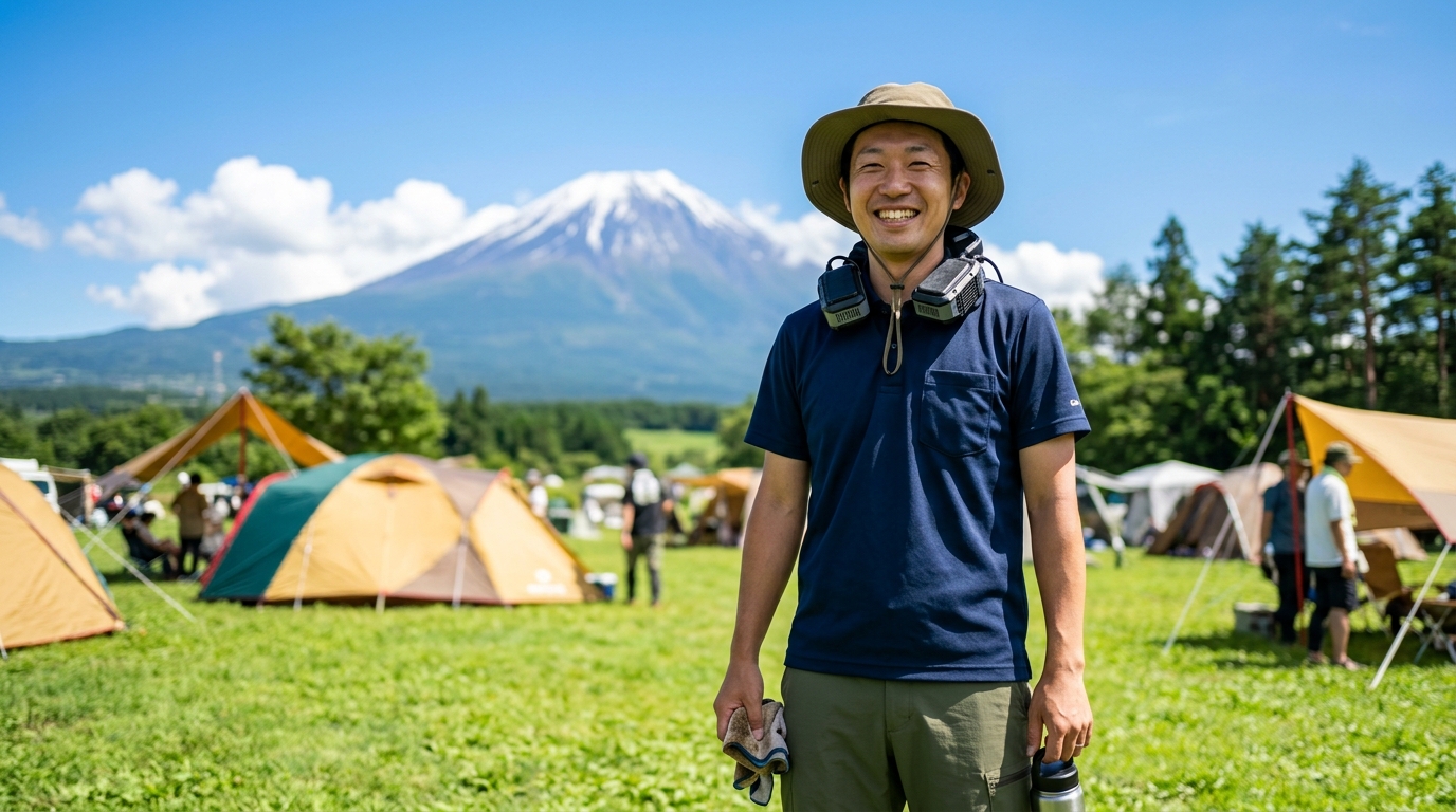 サンコー ネッククーラーPro R4を装着し、夏の青空と芝生のアウトドアを楽しむ男性