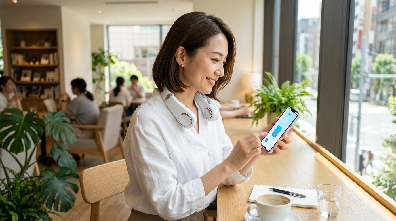 TORRAS COOLiFY 2S PROを首元に装着し、カフェやオフィスでスマートに温度調整をする女性の様子