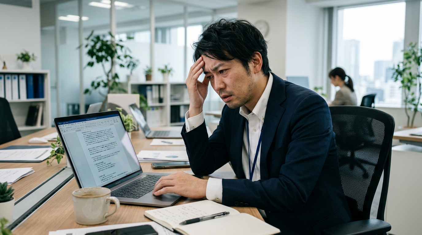 パソコンの前で悩むビジネスパーソン