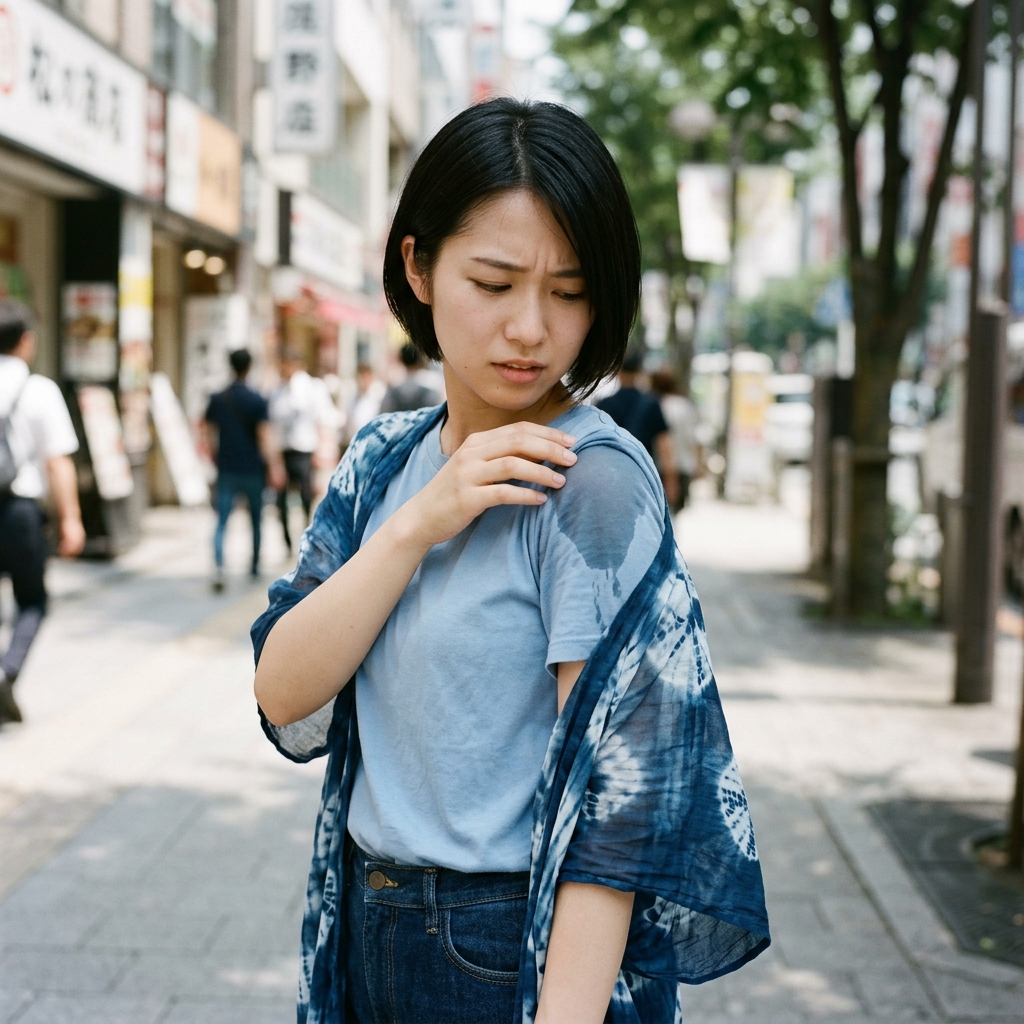 濡れた冷感ポンチョで不快な思いをしている様子
