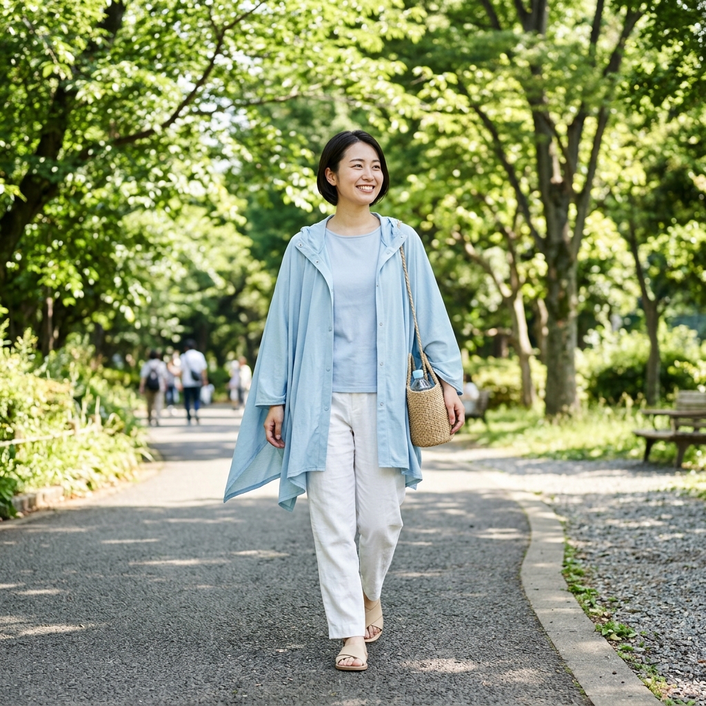 公園を歩くおしゃれな冷感ポンチョ姿の女性