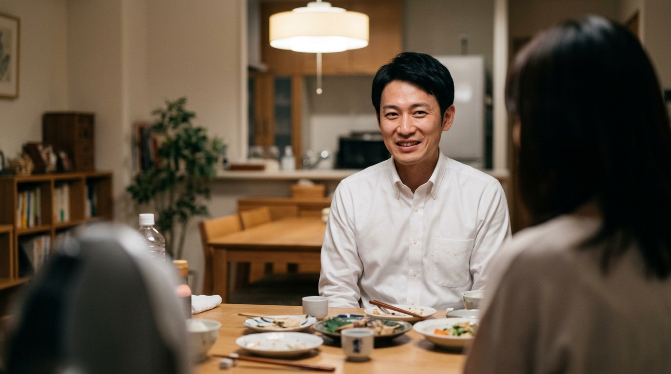 夜のダイニングで妻から旅行について聞かれプレッシャーを感じる男性