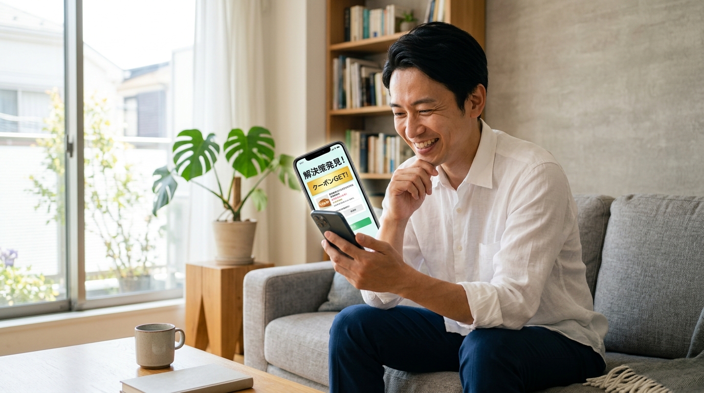 スマホでクーポンを見つけて笑顔になる男性