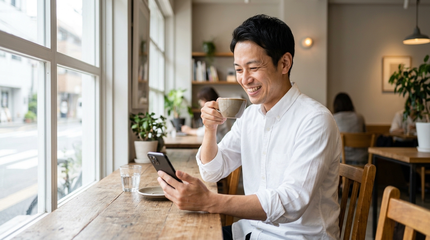 カフェでリラックスしてスマホを操作する男性の笑顔