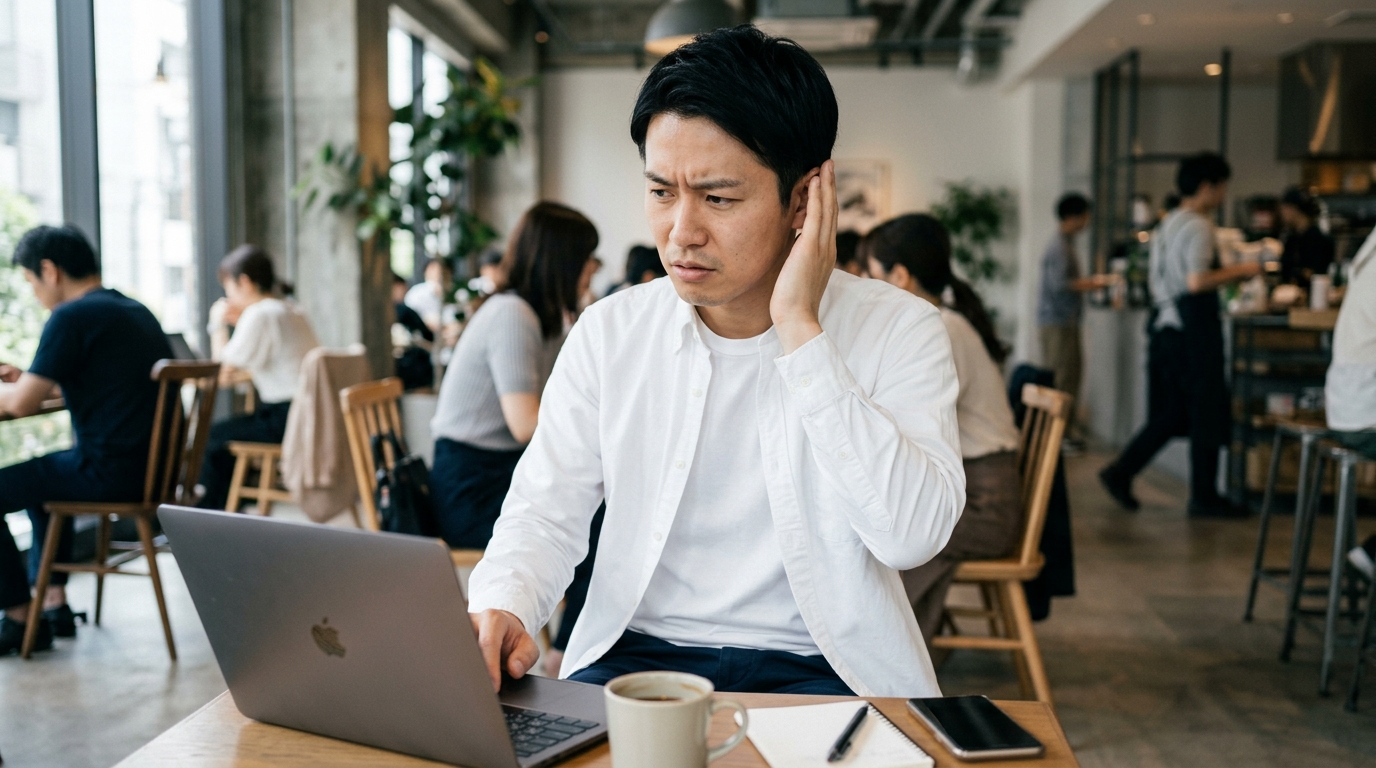 カフェの周囲の話し声や雑音に気が散ってしまい困った表情を浮かべる日本人男性ビジネスパーソン