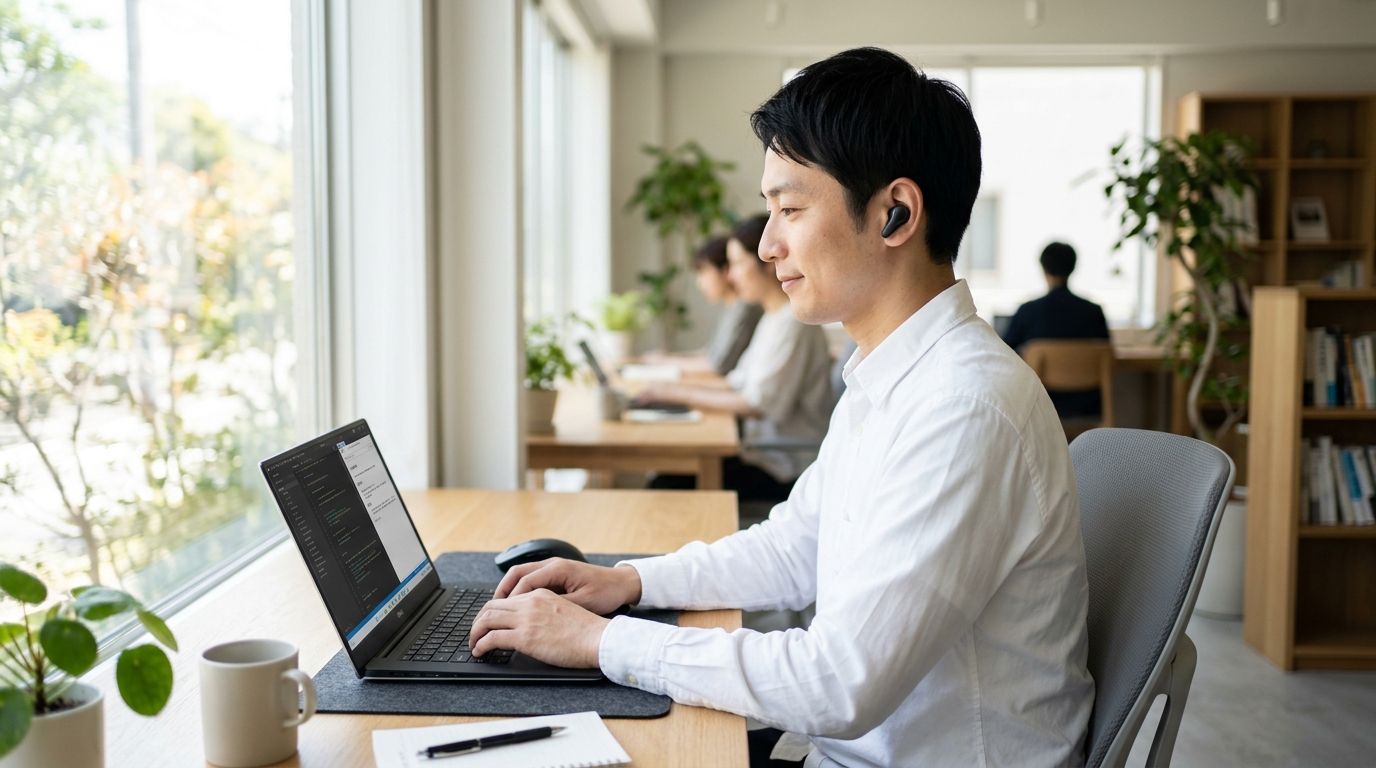 完全ワイヤレスイヤホンを装着し静寂の中で穏やかにパソコン作業に没頭する日本人男性