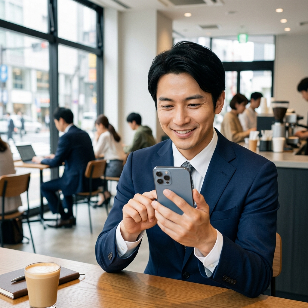 スマホでお得なホテルを探す男性
