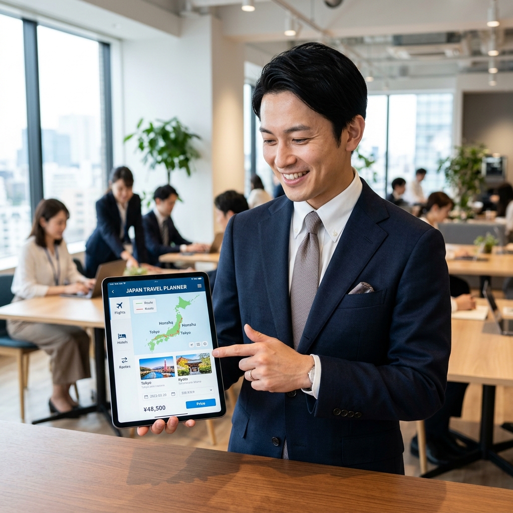 タブレットで旅行アプリの画面を指さす男性