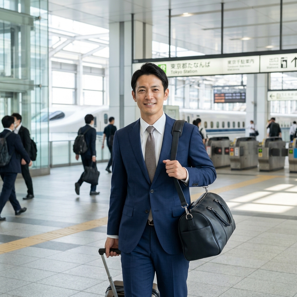 旅行カバンを持って爽やかに微笑む男性