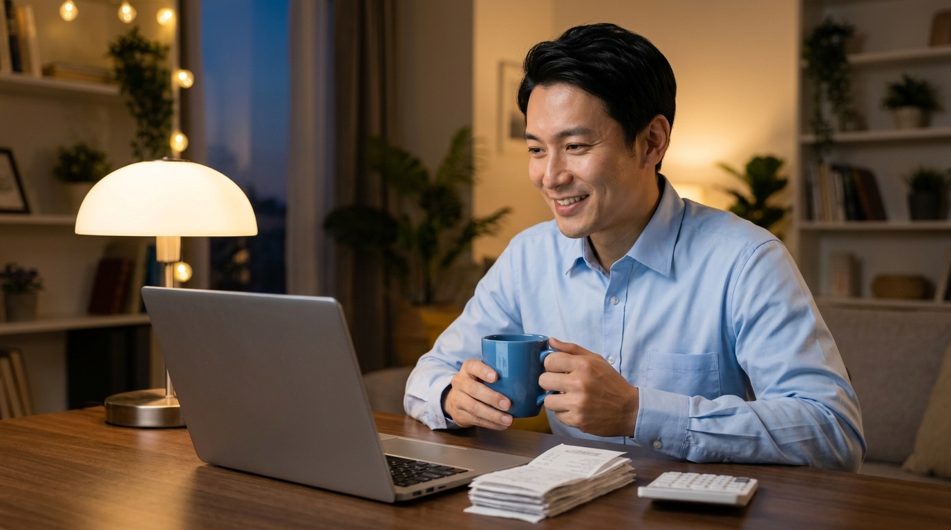 夜の自宅でクラウド会計ソフトを使ってスマートに確定申告を終わらせるサラリーマン