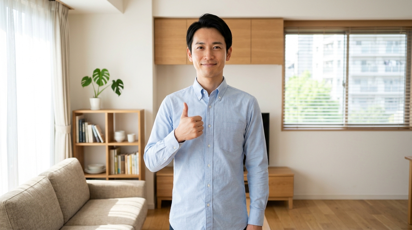 副業の確定申告を無事に終わらせて笑顔でガッツポーズするサラリーマン