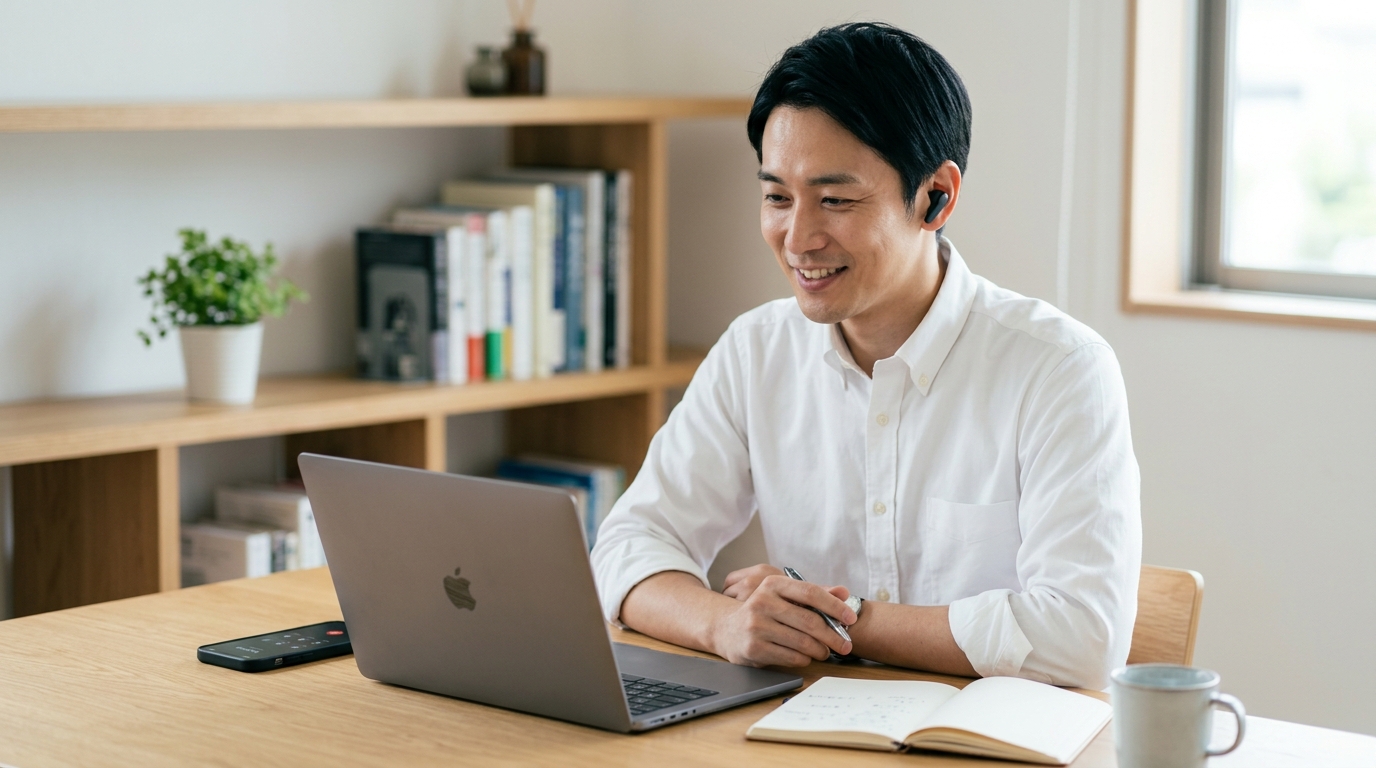 ノートPCとスマートフォンを連携させイヤホンで穏やかにオンライン通話を行う日本人ビジネスパーソン