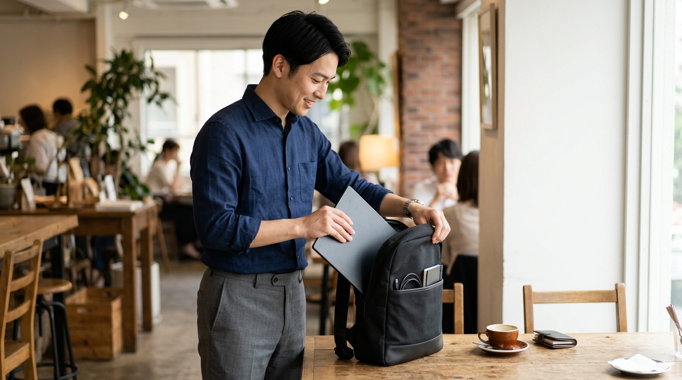 薄型モバイルモニターをスリムなビジネスリュックへスマートに収納する様子