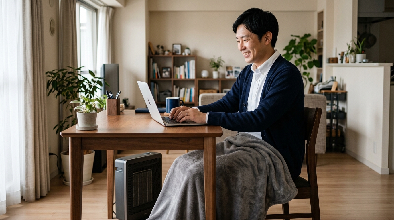 デスク下の足元パネルヒーターの上にひざ掛けブランケットを掛け、ひとり用こたつのようにして快適にPC作業を行う日本人男性