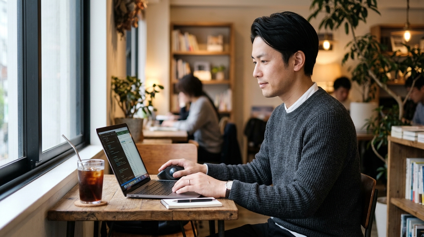 カフェの狭いデスクでも省スペースでトラックボールを操作する手元