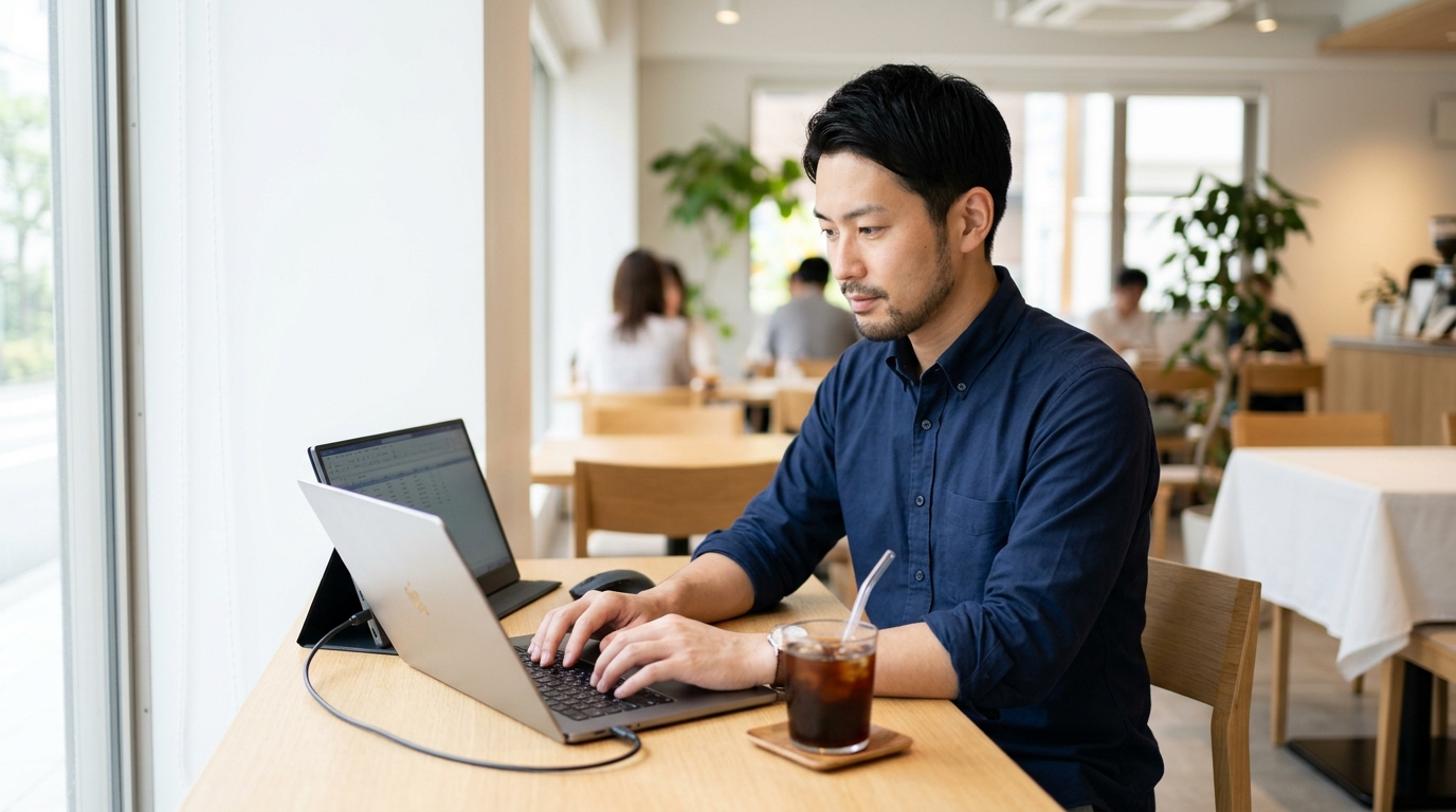 カフェのデスクでノートPCとモバイルモニターを使って快適に作業する男性