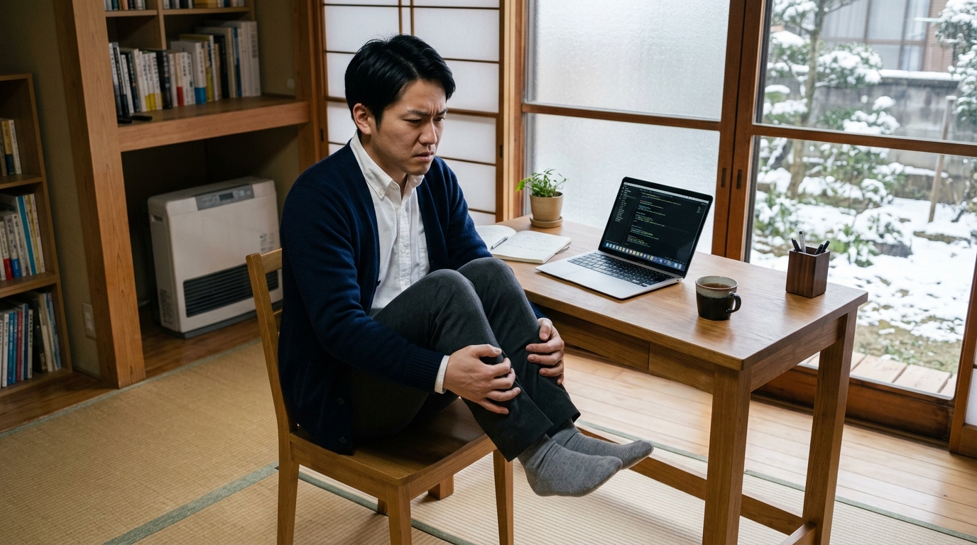 冬の在宅ワークで足元の冷えに悩み、寒そうに膝を抱える日本人男性デスクワーカー