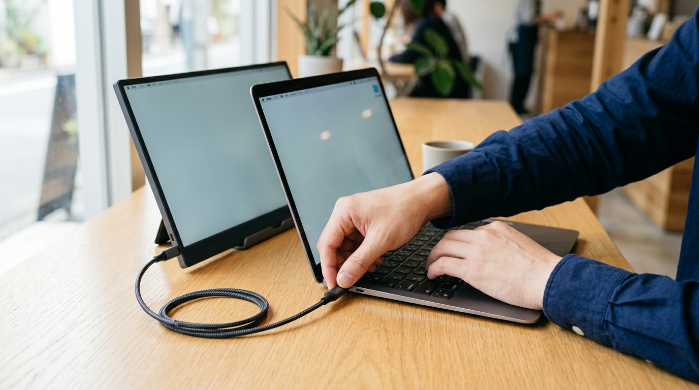 USB Type-Cケーブル1本でノートPCとモバイルモニターを接続する手元