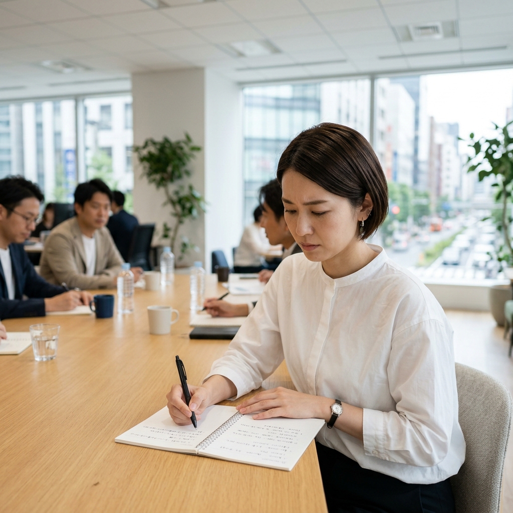 会議室で真剣にメモを取る女性