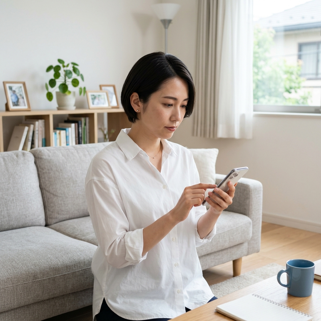リビングでスマホを操作する女性