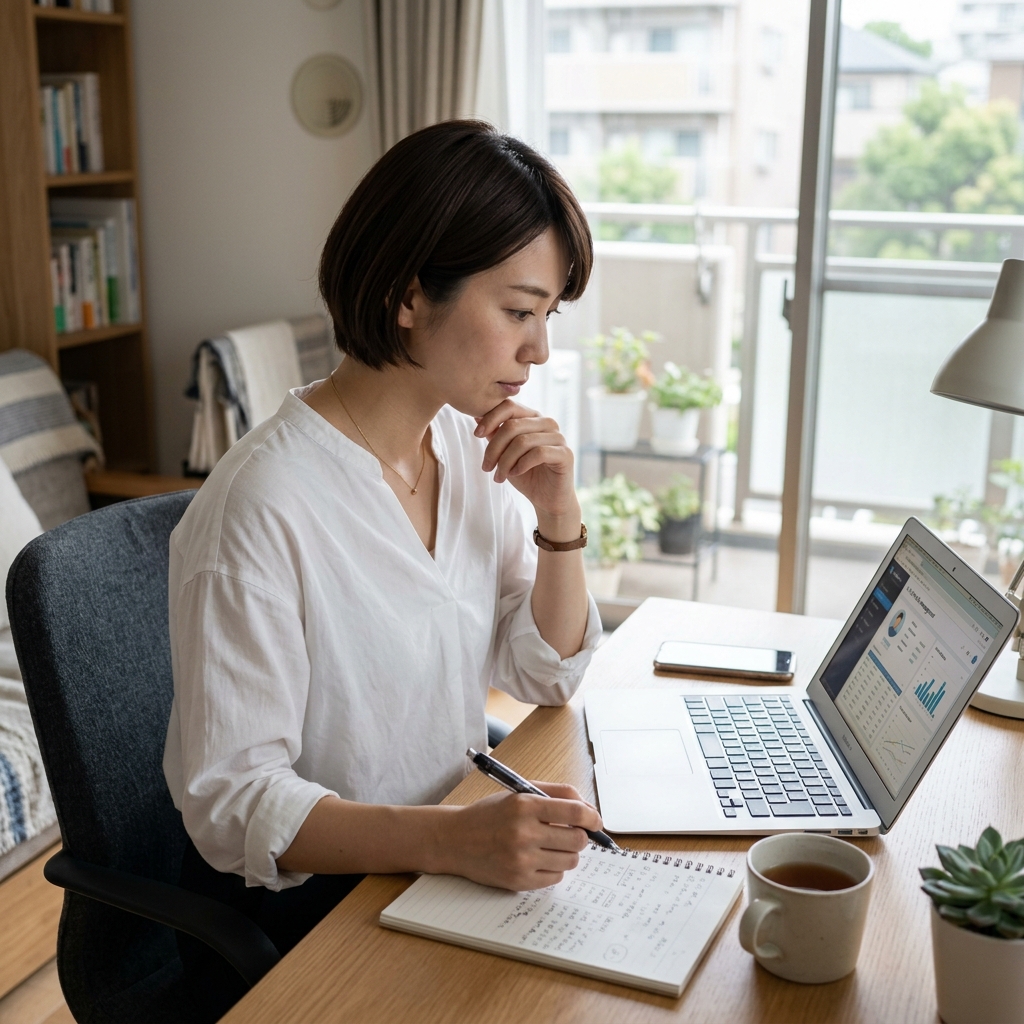 ノートとPCを見比べる女性