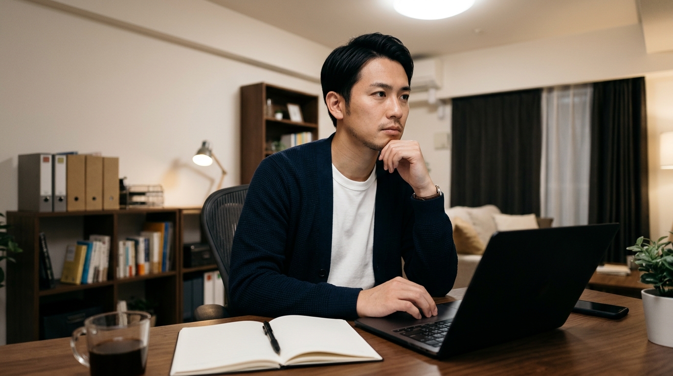 夜の自室デスクでノートPCや手帳を前に今後のキャリアや転職すべきか悩み考え込む30代日本人会社員