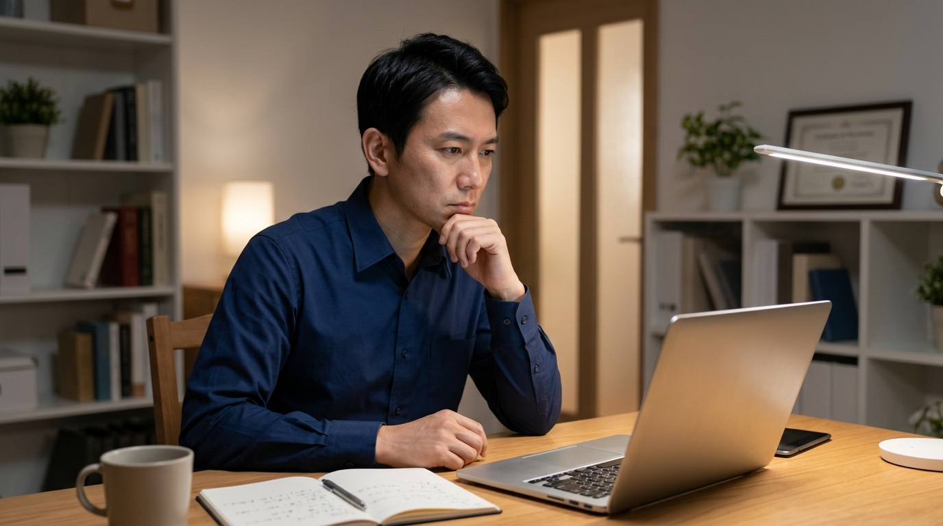 将来のキャリアとスキルに不安を抱く40代ビジネスパーソン